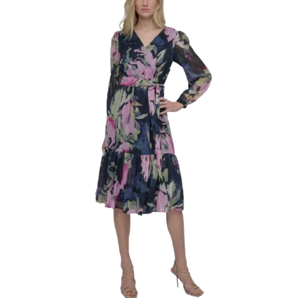 DKNY NWOT Floral Fit & Flare V-Neck Midi Dress Size 10/M